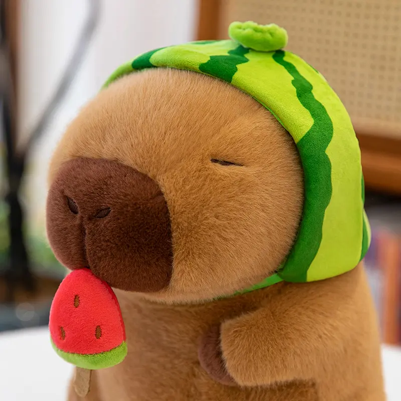 23/30cm Lovely Watermelon Capybara Plush Toy Stretchable Fluffy Capybara Doll Brown Animal Capybara Stuffed Doll Friends Gift