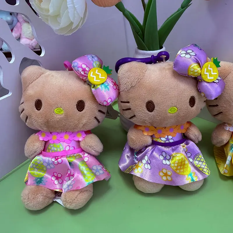 Anime Hello Kitty Kuromi Dolls Filled Keychain Dark Skin Hawaiian Series Cartoon Accessory Toys Bag Pendant Charms