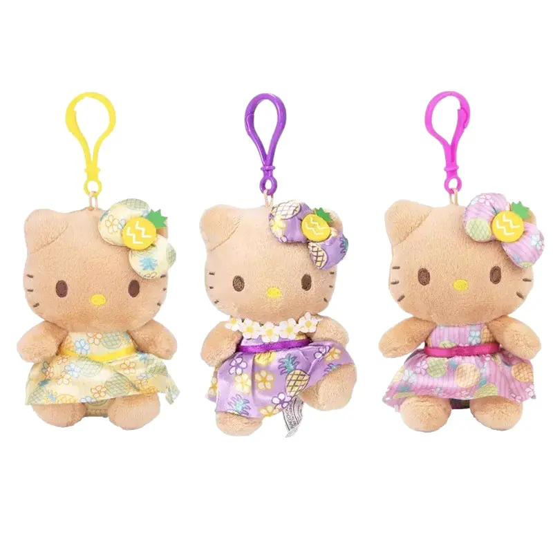 Anime Hello Kitty Kuromi Dolls Filled Keychain Dark Skin Hawaiian Series Cartoon Accessory Toys Bag Pendant Charms
