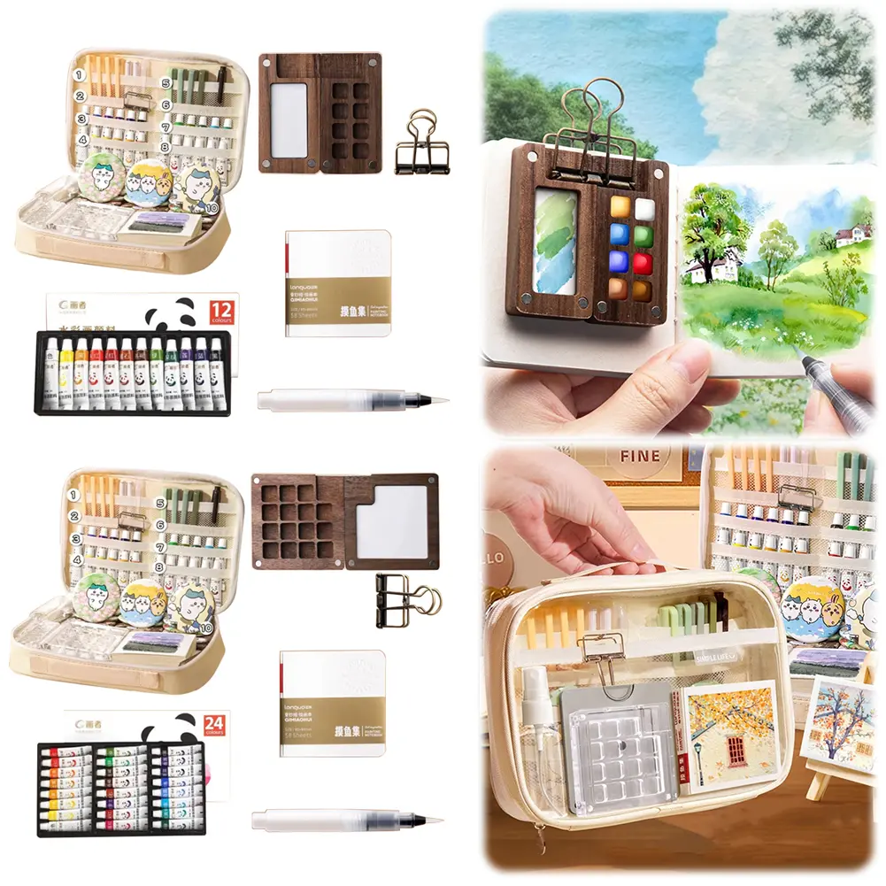 Drawing Kit Solid Watercolor Set with Watercolor Paint Brushes Walnut Wood Painting Tool with Sketch Book for Drawing Painting