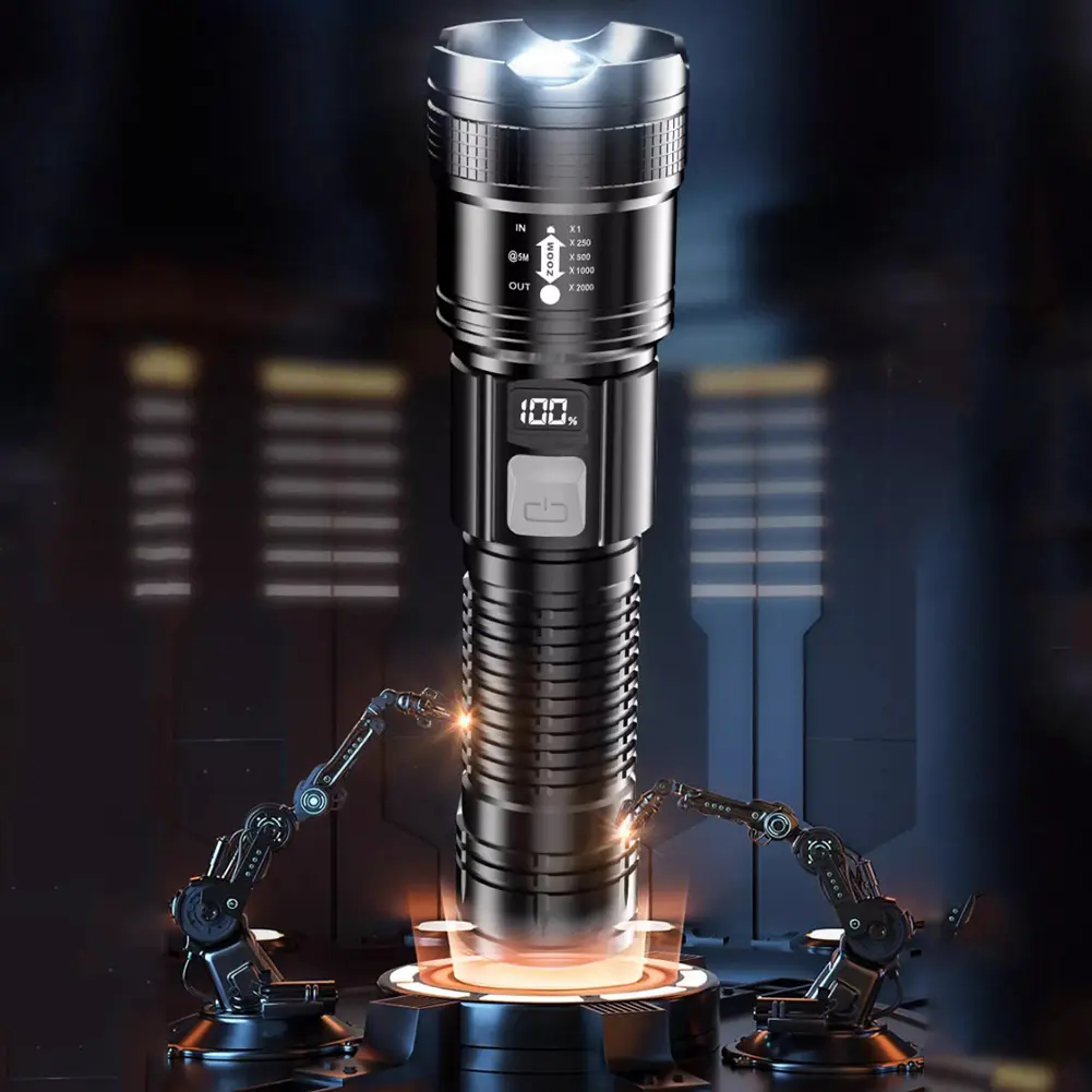 LED Outdoor Portable Flashlight USB Charging Camping Powerful Flashlight Power Display Strong Light Flashlight for Power Outages