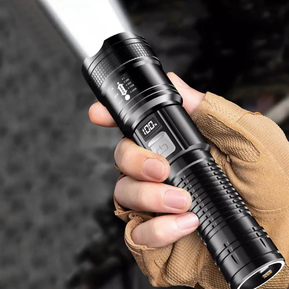 LED Outdoor Portable Flashlight USB Charging Camping Powerful Flashlight Power Display Strong Light Flashlight for Power Outages