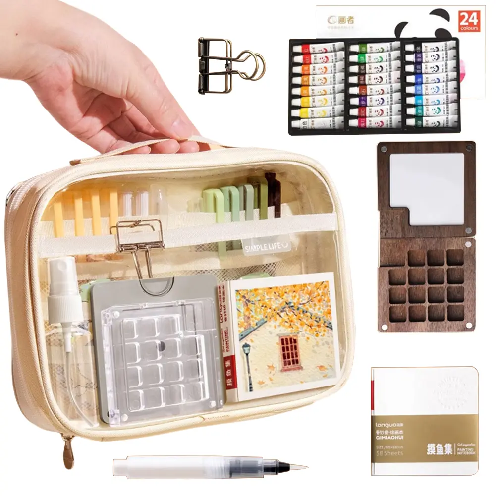 Drawing Kit Solid Watercolor Set with Watercolor Paint Brushes Walnut Wood Painting Tool with Sketch Book for Drawing Painting