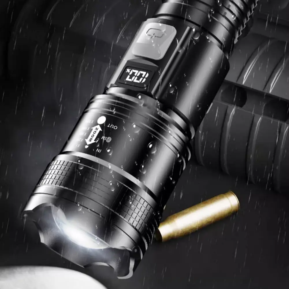 LED Outdoor Portable Flashlight USB Charging Camping Powerful Flashlight Power Display Strong Light Flashlight for Power Outages