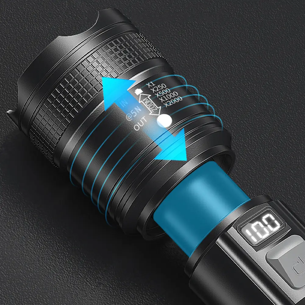 LED Outdoor Portable Flashlight USB Charging Camping Powerful Flashlight Power Display Strong Light Flashlight for Power Outages
