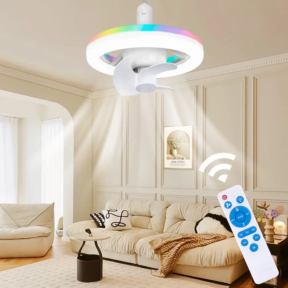 Mini Screw in Ceiling Fan with Light Remote Ceiling Fans with Light Bulb RGB Mode Light Socket Fan 3 Color Dimmable 360 Rotation