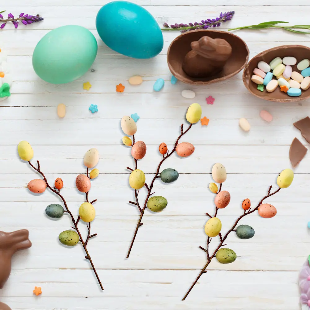 2PCS Easter Egg Tree Branch Artificial Easter Egg Twig Colorful Easter Egg Stem Easter Decoration Festival Party Home Vase Decor