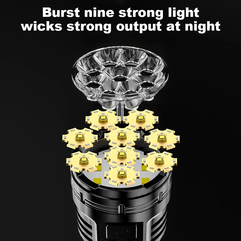 9LED Powerful Flashlight with COB Side Light Super Bright Torch Waterproof Emergency Work Light for Outdoor Camping Hiking