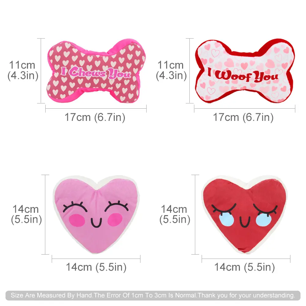 2pcs Heart Bone Dog Toy Sound Puppy Plush Chew Squeak Pet Toy Valentine's Day Gift