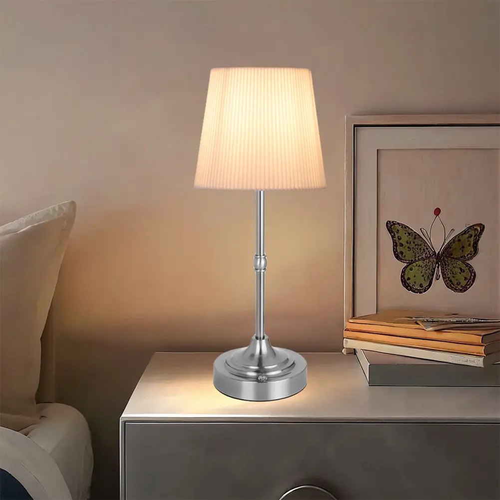 Cordless LED Metal Table Lamp USB Rechargeable 5200mAh Portable Fabric Shade Desk Lamp Touch Control Metal Base Small Table Lamp