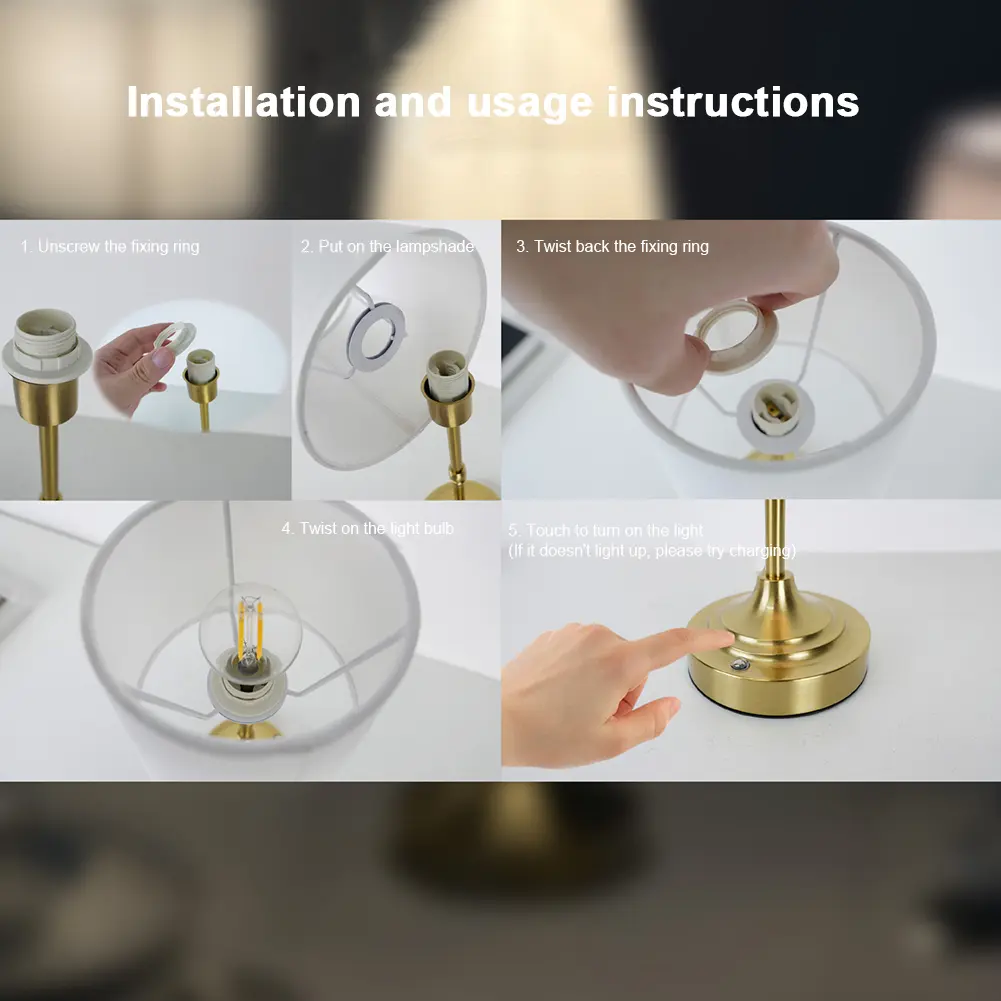 Cordless LED Metal Table Lamp USB Rechargeable 5200mAh Portable Fabric Shade Desk Lamp Touch Control Metal Base Small Table Lamp