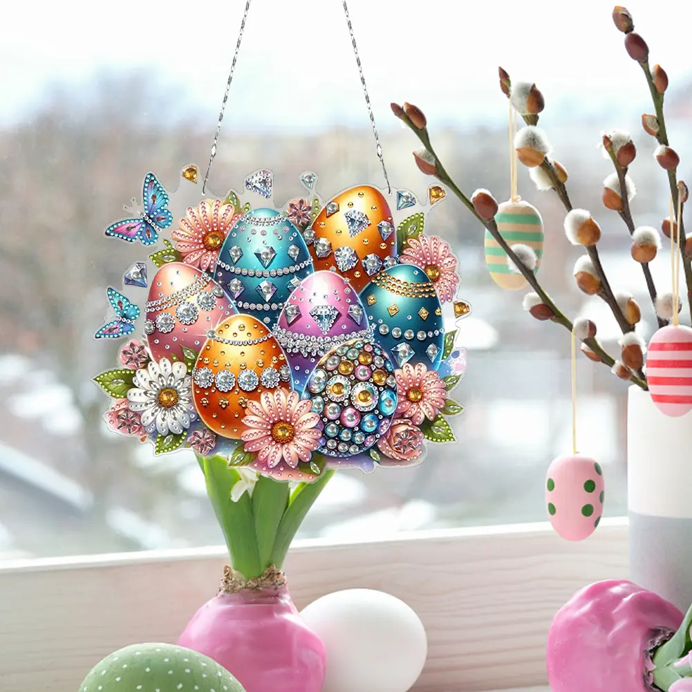 Acrylic Special Shape Butterfly Easter Egg Rhinestone Diamond Art Pendants DIY Diamond Art Pendant Kit for Garden Window Decor