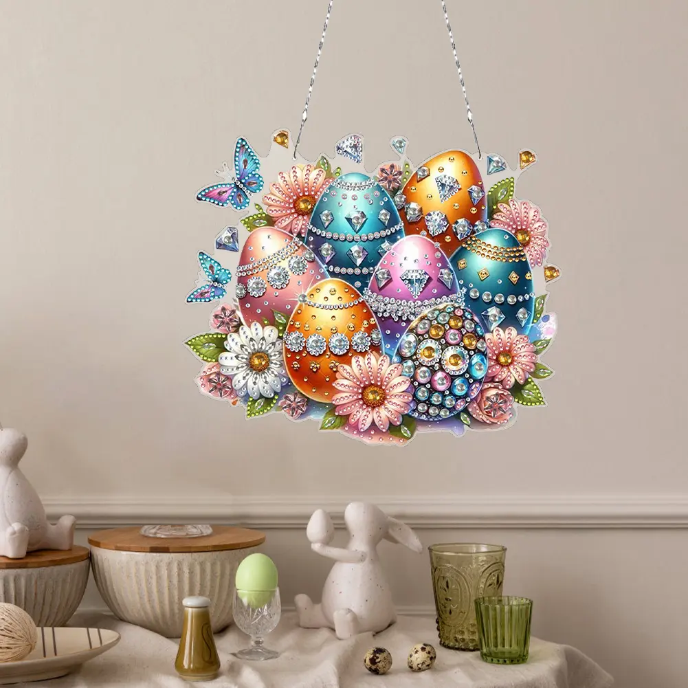 Acrylic Special Shape Butterfly Easter Egg Rhinestone Diamond Art Pendants DIY Diamond Art Pendant Kit for Garden Window Decor