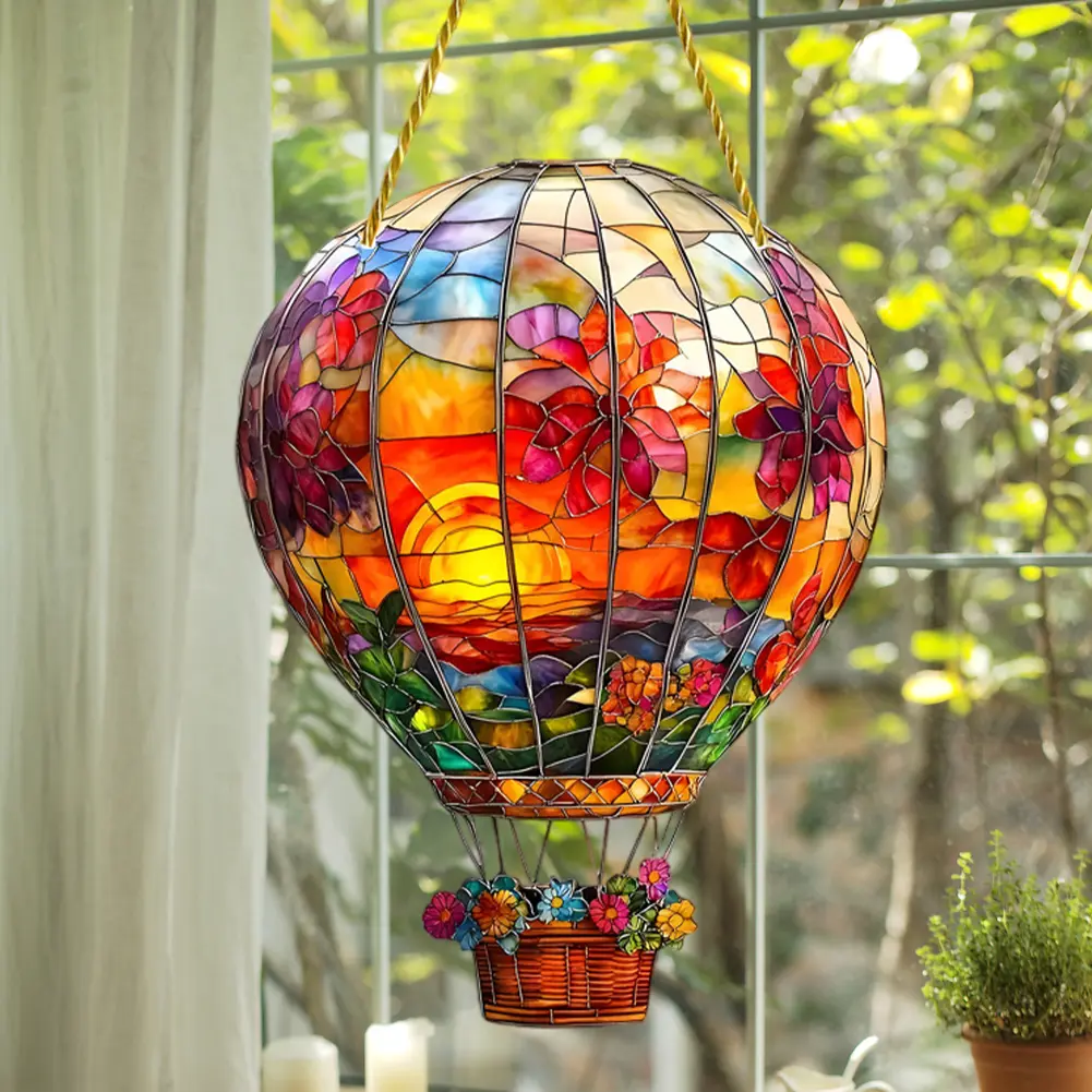 2Pcs 2D Hot Air Balloon Window Suncatcher Acrylic Hangable Art Wall Hangable Colored Decor for Indoor Outdoor Garden Patio Decor