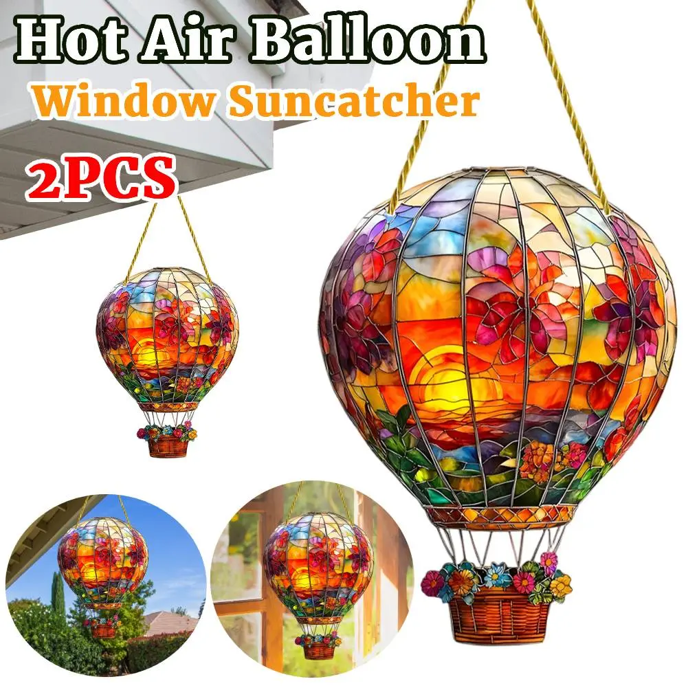 2Pcs 2D Hot Air Balloon Window Suncatcher Acrylic Hangable Art Wall Hangable Colored Decor for Indoor Outdoor Garden Patio Decor