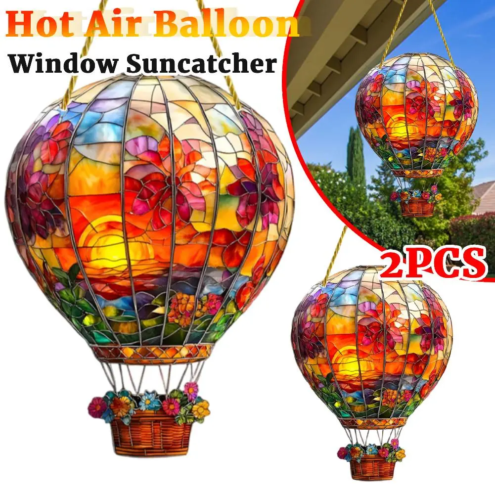 2Pcs 2D Hot Air Balloon Window Suncatcher Acrylic Hangable Art Wall Hangable Colored Decor for Indoor Outdoor Garden Patio Decor