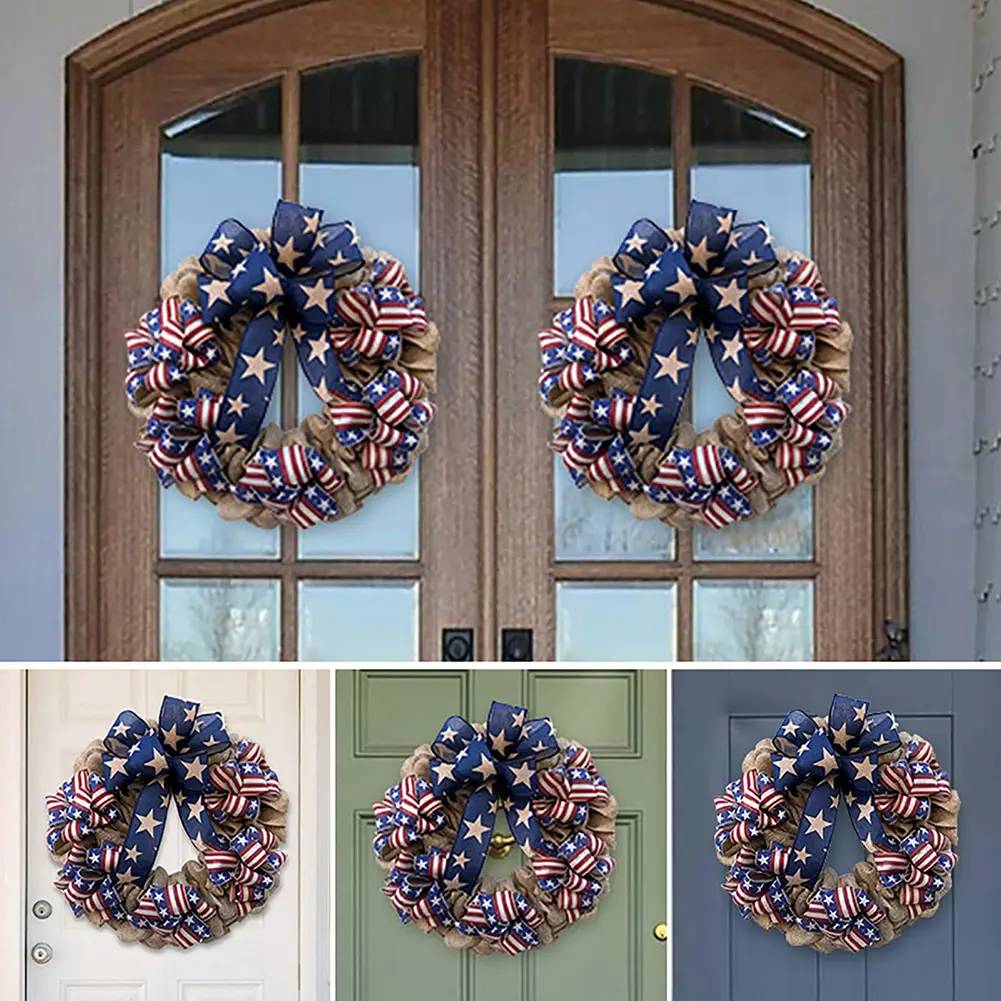 Independence Day Wreath 4th of July Door Wreath 17.5 Inch Artificial Flower Wreath Front Door Hanging Wreath for Wall Window