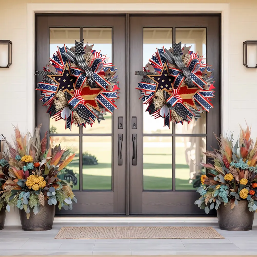 Independence Day Wreath 4th of July Door Wreath 17.5 Inch Artificial Flower Wreath Front Door Hanging Wreath for Wall Window