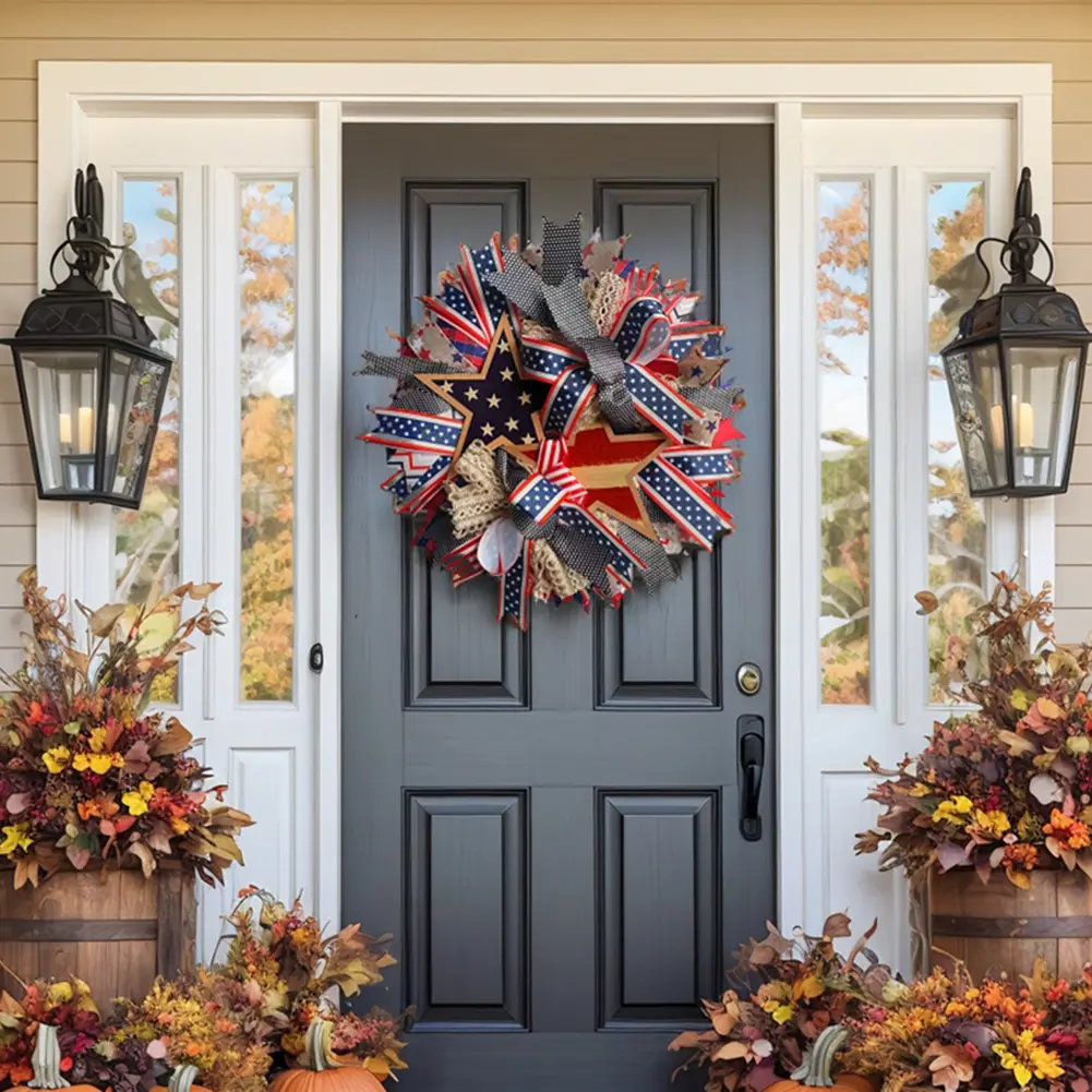 Independence Day Wreath 4th of July Door Wreath 17.5 Inch Artificial Flower Wreath Front Door Hanging Wreath for Wall Window