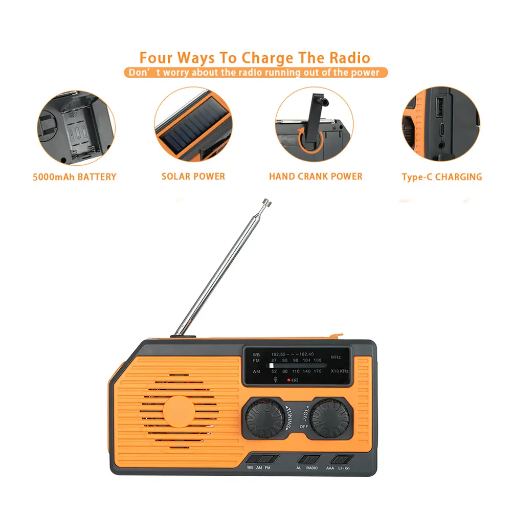 Portable Solar Power Hand Crank Radio AM/FM/WB NOAA Weather LED Flashlight Power Bank for Outdoor Camping Hiking Solar Radio