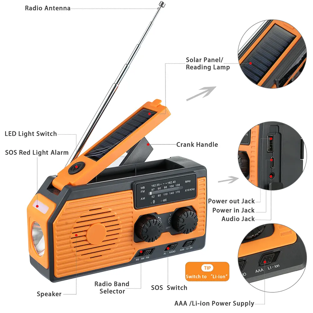Portable Solar Power Hand Crank Radio AM/FM/WB NOAA Weather LED Flashlight Power Bank for Outdoor Camping Hiking Solar Radio