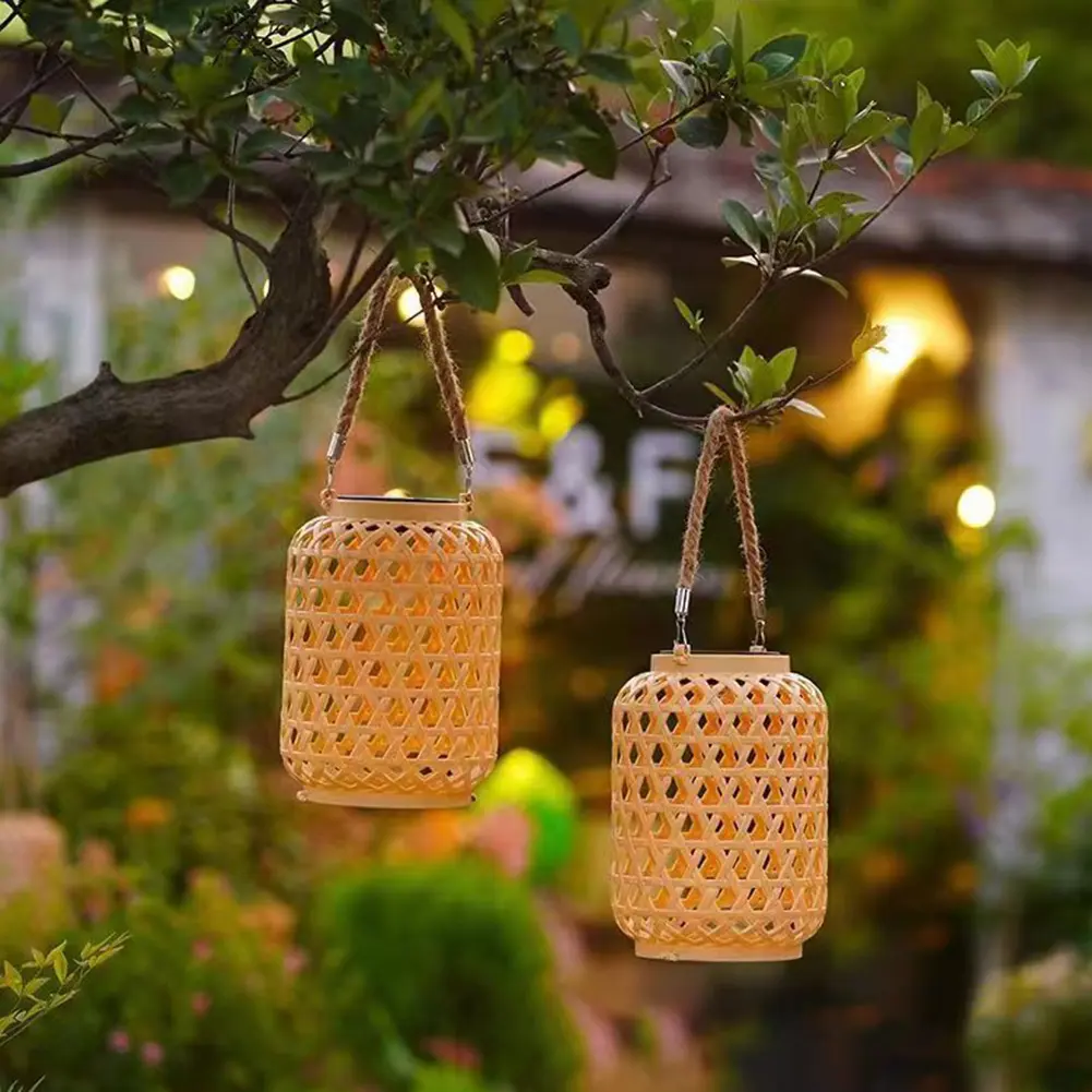 Outdoor Hanging Light with Handle IP55 Waterproof Natural Rattan Bamboo Hanging Solar Light Natural Bamboo Solar Outdoor Light
