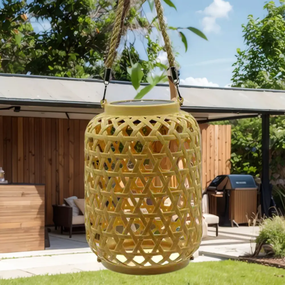 Outdoor Hanging Light with Handle IP55 Waterproof Natural Rattan Bamboo Hanging Solar Light Natural Bamboo Solar Outdoor Light