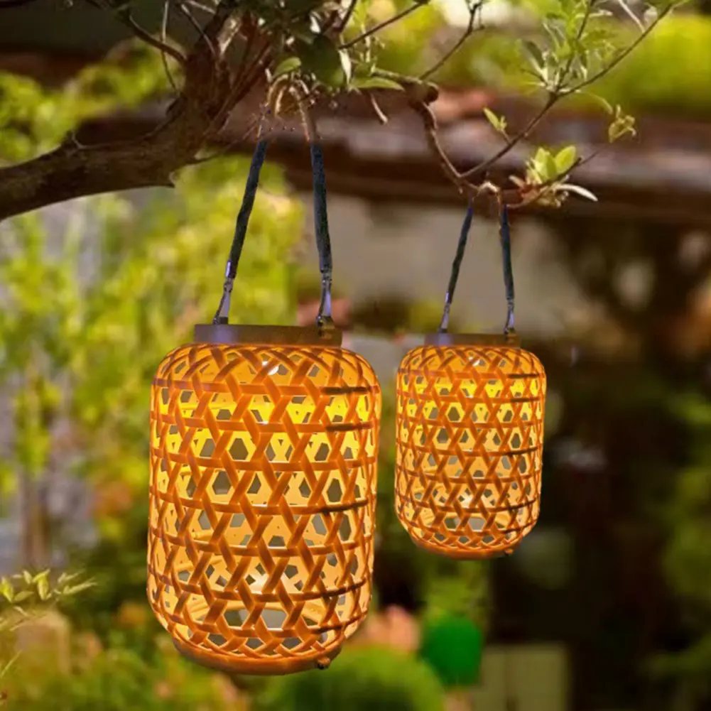 Outdoor Hanging Light with Handle IP55 Waterproof Natural Rattan Bamboo Hanging Solar Light Natural Bamboo Solar Outdoor Light