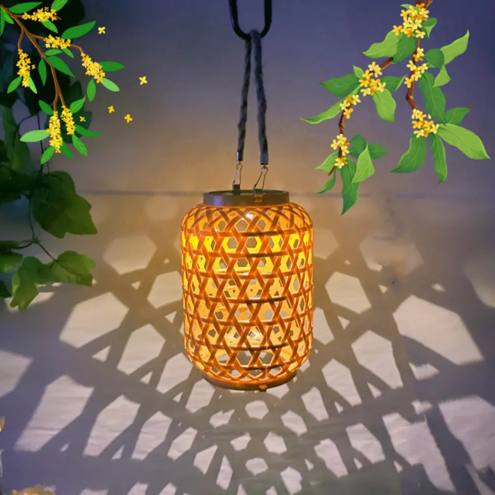 Outdoor Hanging Light with Handle IP55 Waterproof Natural Rattan Bamboo Hanging Solar Light Natural Bamboo Solar Outdoor Light