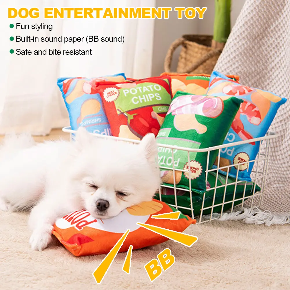 Potato Chip Bag Funny Dog Toys Plush Squeaker Food Toy for Small Medium Dogs Interactive Squeaky Chew Puppy Toys