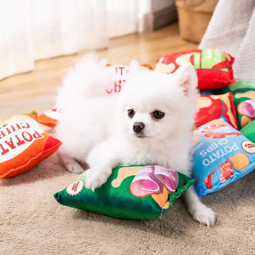 Potato Chip Bag Funny Dog Toys Plush Squeaker Food Toy for Small Medium Dogs Interactive Squeaky Chew Puppy Toys