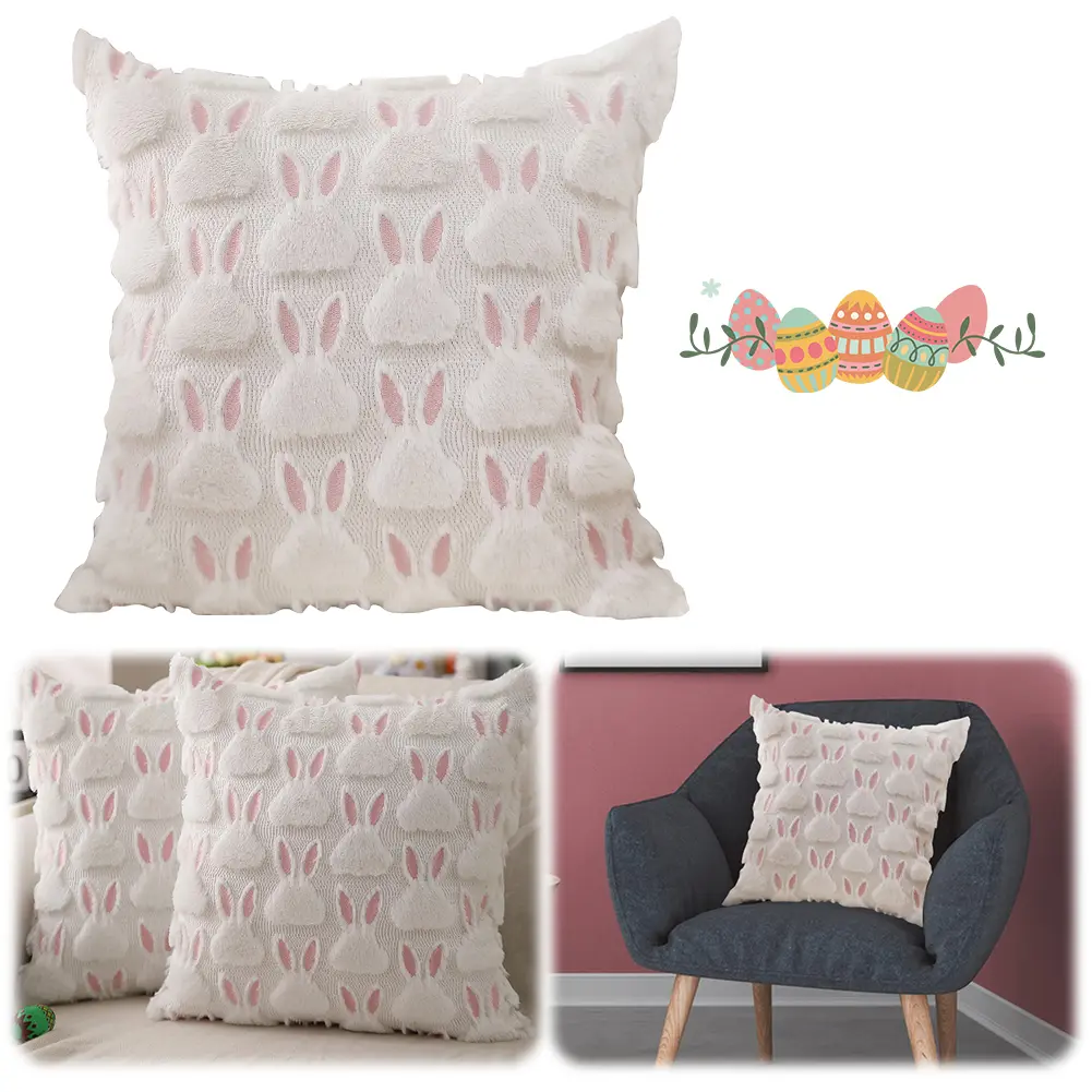 2Pcs Easter Throw Pillow Cover Washable Bunny Plush Jacquard Pillowcase Rabbit Plush Tufting Pillowcase Decor for Kids Bedroom