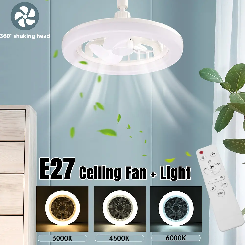 Upgraded Ceiling Fans with LED Lights E27 Socket Silent Ceiling Fan Light 3Color Dimmable Hanging Electric Fan w/ Remote Control