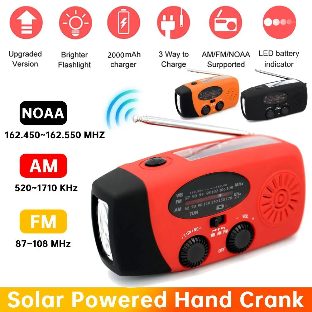 Emergency Hand Crank Weather Radio with LED Flashlight FM AM WB NOAA Portable Solar Hand Radio Crank 2000mAh Radio for Outdoor