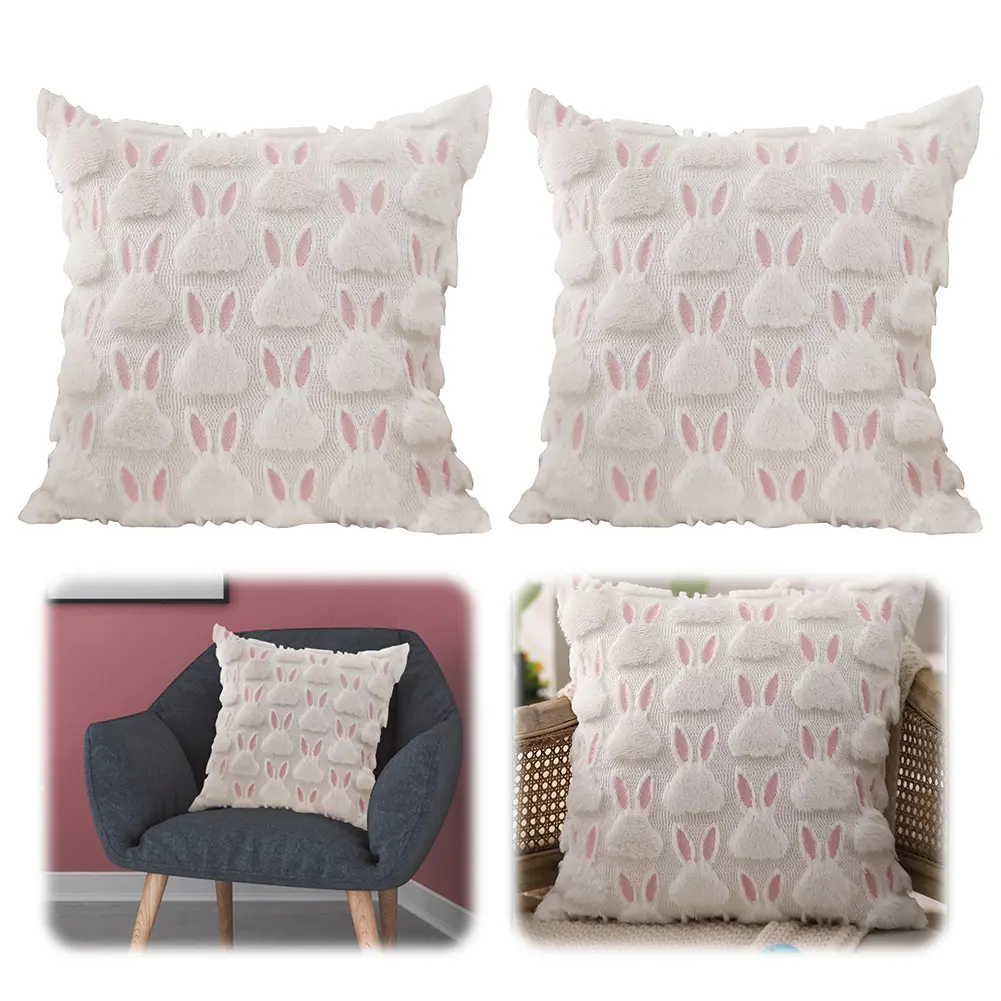 2Pcs Easter Throw Pillow Cover Washable Bunny Plush Jacquard Pillowcase Rabbit Plush Tufting Pillowcase Decor for Kids Bedroom