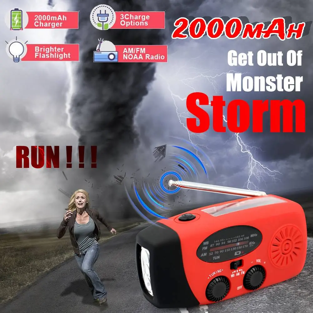 Emergency Hand Crank Weather Radio with LED Flashlight FM AM WB NOAA Portable Solar Hand Radio Crank 2000mAh Radio for Outdoor
