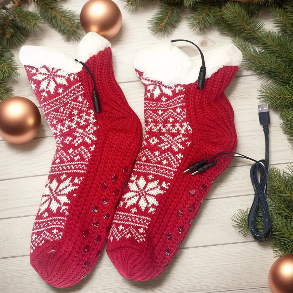 USB Heated Soft Knitted Socks Non Slip Fluffy Slipper Socks Cozy Bed Slippers Carpet Socks for Home Indoor
