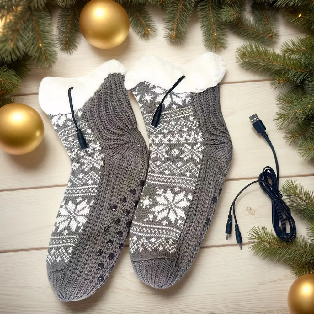USB Heated Soft Knitted Socks Non Slip Fluffy Slipper Socks Cozy Bed Slippers Carpet Socks for Home Indoor