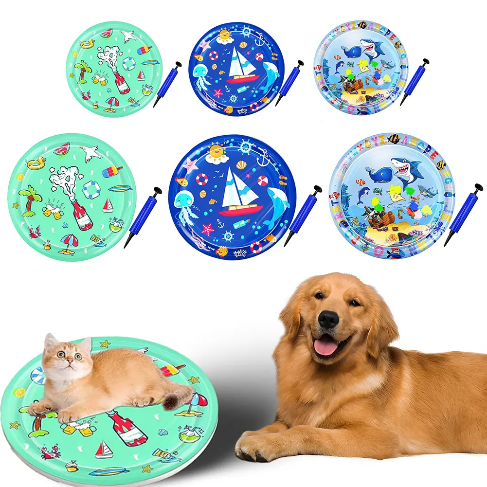 Cat Interactive Sensory Play Mat Cat Water Ice Cushion Inflatable Water Bed Playmat with Air Pump for Indoor Cat Kitten 65/100CM