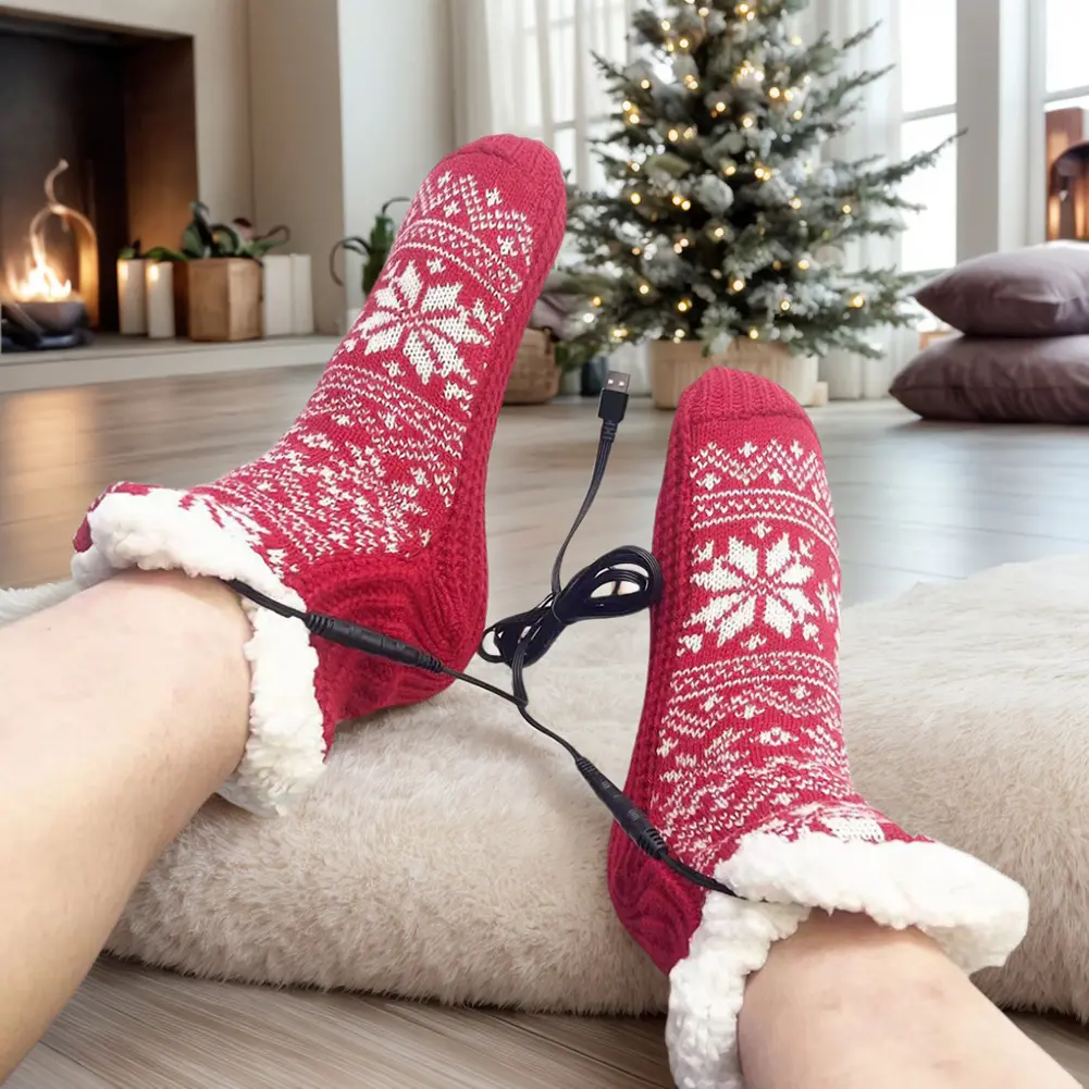 USB Heated Soft Knitted Socks Non Slip Fluffy Slipper Socks Cozy Bed Slippers Carpet Socks for Home Indoor