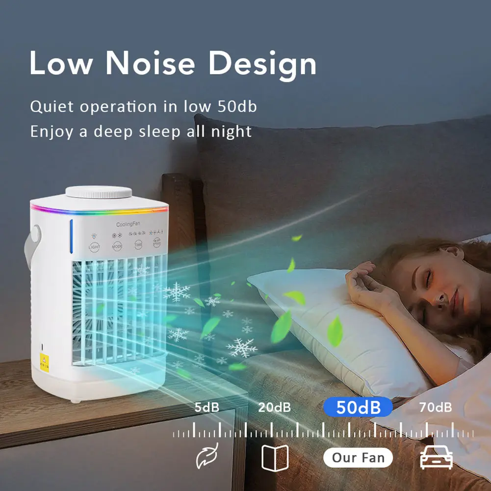 Portable Air Cooler Air Conditioner Fan 4 Speeds 7-Color Lights Bladeless Fan Adjustable Cooling Fan 2/4/8H Timing for Room Desk
