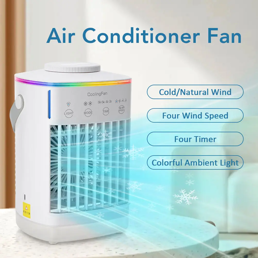 Portable Air Cooler Air Conditioner Fan 4 Speeds 7-Color Lights Bladeless Fan Adjustable Cooling Fan 2/4/8H Timing for Room Desk