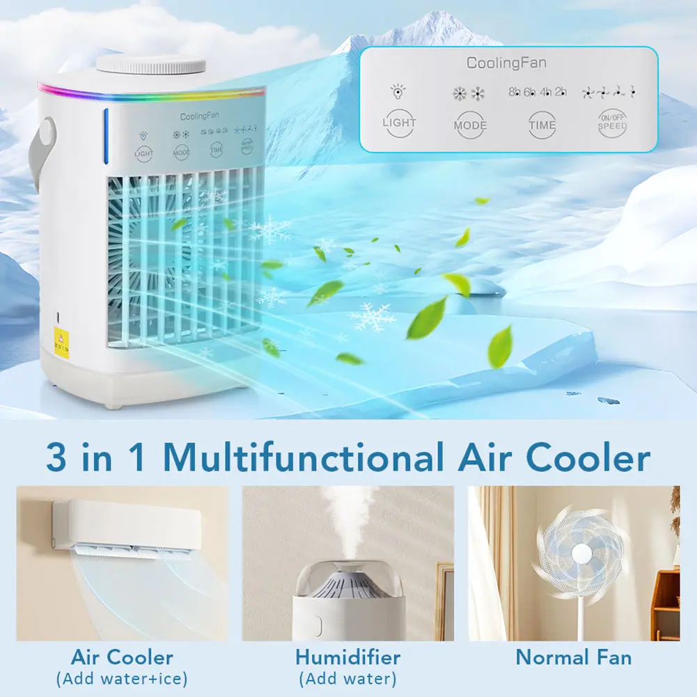 Portable Air Cooler Air Conditioner Fan 4 Speeds 7-Color Lights Bladeless Fan Adjustable Cooling Fan 2/4/8H Timing for Room Desk
