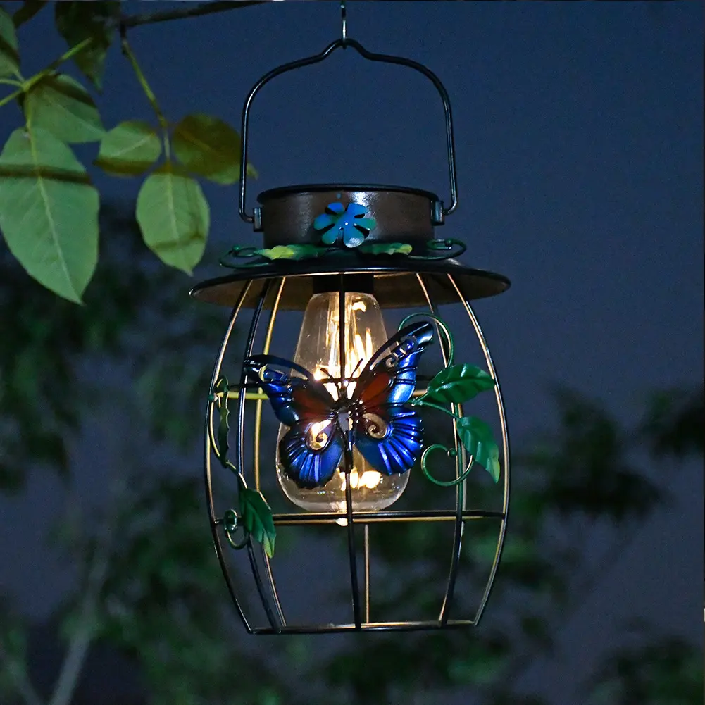 Solar Powered Butterfly Hanging Lantern Decorative Garden Wall Light Auto On Metal Garden Light with Handle for Outdoor Decor