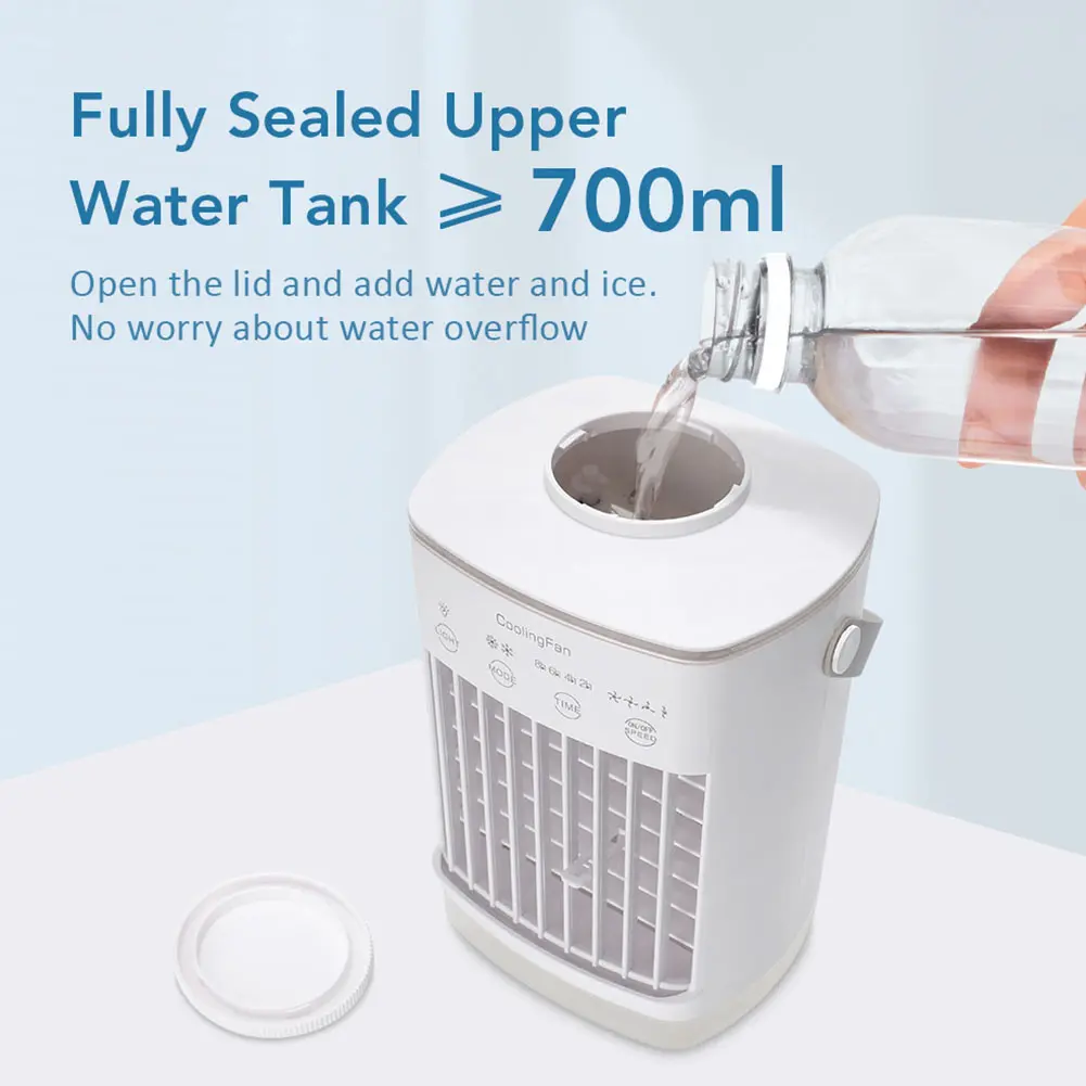 Portable Air Cooler Air Conditioner Fan 4 Speeds 7-Color Lights Bladeless Fan Adjustable Cooling Fan 2/4/8H Timing for Room Desk
