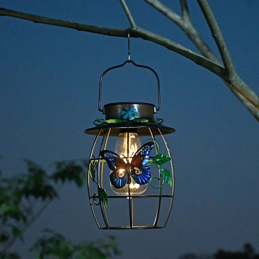 Solar Powered Butterfly Hanging Lantern Decorative Garden Wall Light Auto On Metal Garden Light with Handle for Outdoor Decor