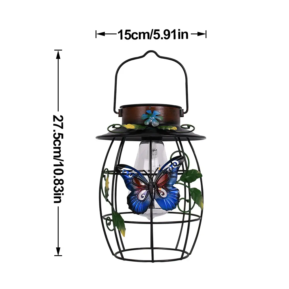Solar Powered Butterfly Hanging Lantern Decorative Garden Wall Light Auto On Metal Garden Light with Handle for Outdoor Decor