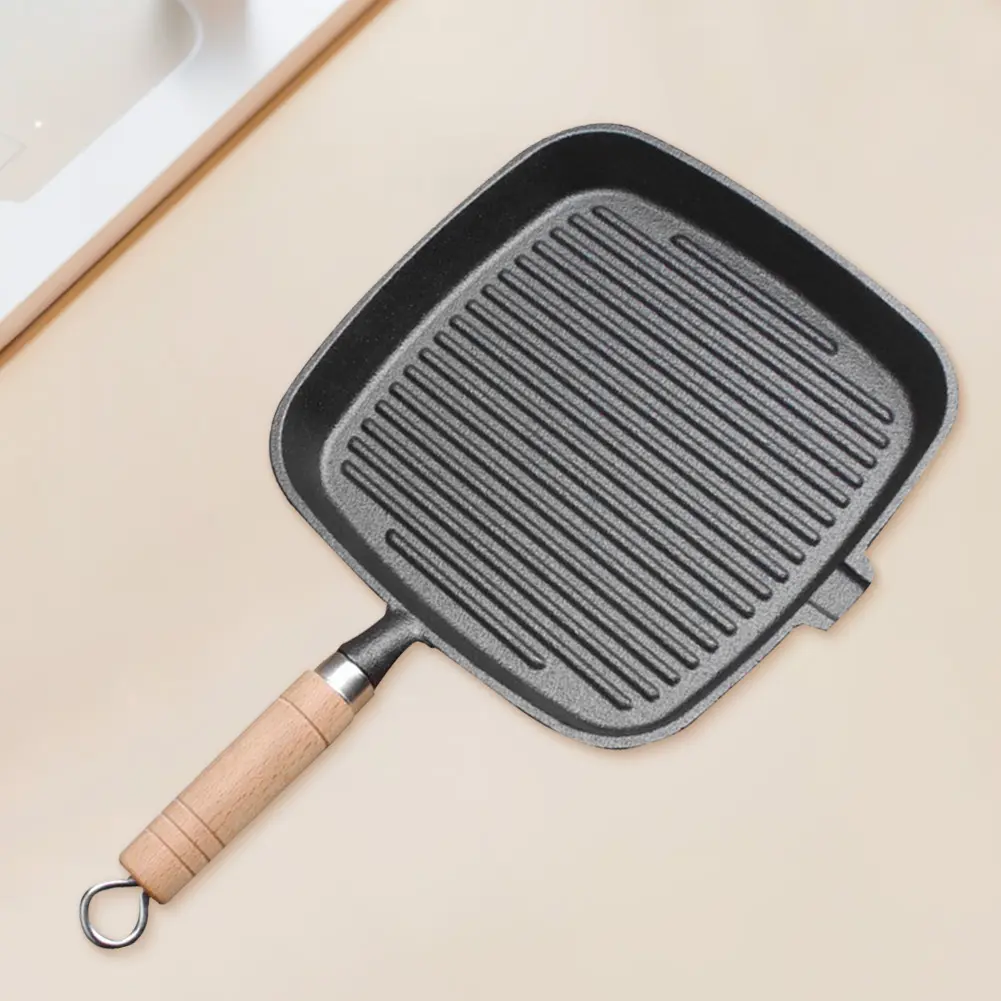 Cast Iron Skillet Steak Pan with Wooden Handle Uncoated Non-stick Cooking Pot Steak Skillet Camping Indoor and Outdoor Use