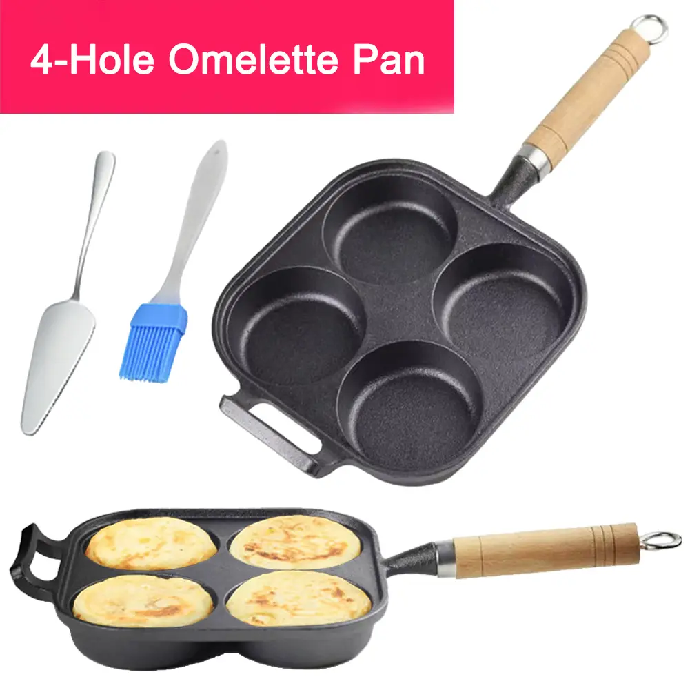 4-Cup Cast Iron Egg Frying Pan with Oil Brush Pancake Pan Omelet Pan Egg Cooker Suitable for Gas Stove & Induction Cookware