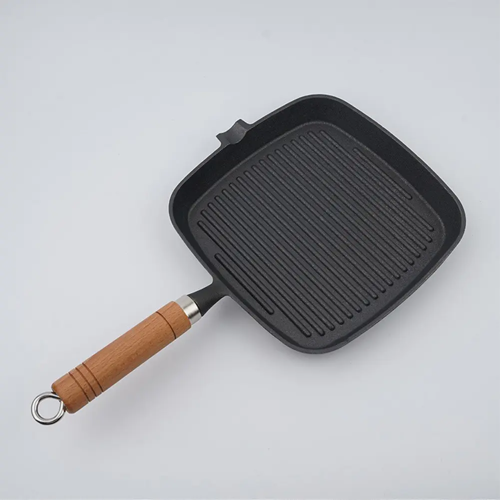 Cast Iron Skillet Steak Pan with Wooden Handle Uncoated Non-stick Cooking Pot Steak Skillet Camping Indoor and Outdoor Use